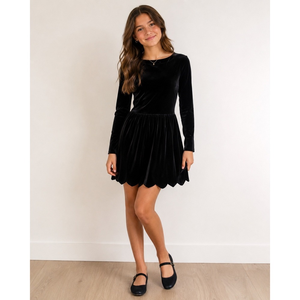 Art Class Girls Black Velvet Long Sleeve Scalloped Hem Dress Holiday Party XL 14